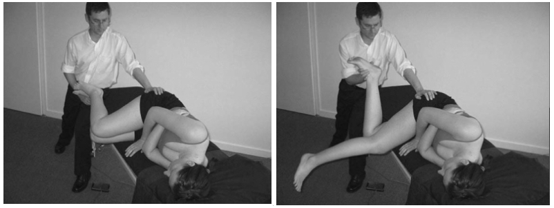Figure 12 – Traitement du dysfonctionnement de la tension neurale avec le dysfonctionnement de déficit de fermeture. A. Pos. départ - B. Mobilisation vers la tension neurale et fermeture – Lasègue et flexion latérale du même cöté. DR Figure 12 – Traitement du dysfonctionnement de la tension neurale avec le dysfonctionnement de déficit de fermeture. A. Pos. départ - B. Mobilisation vers la tension neurale et fermeture – Lasègue et flexion latérale du même cöté. DR
